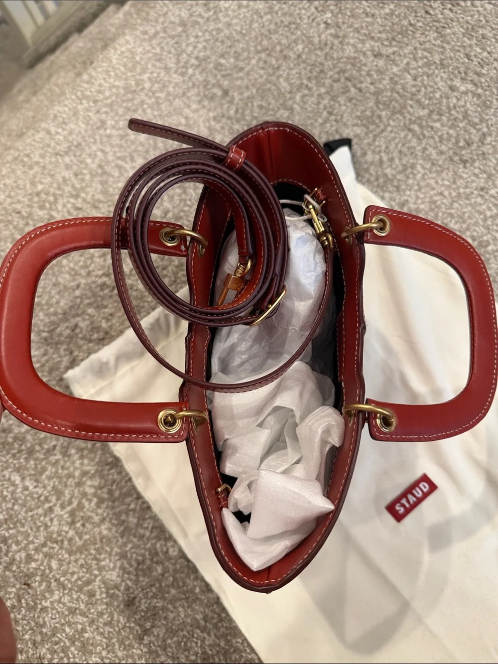 Staud Red Leather bucket bag with Top Handles